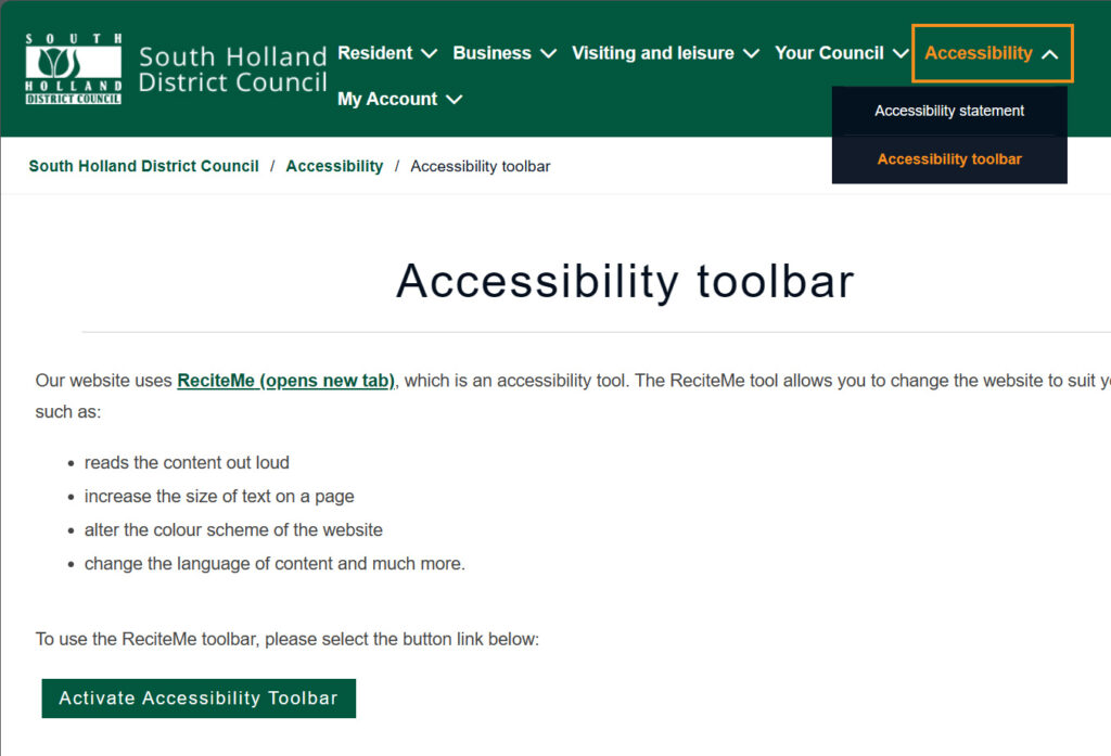 South Holland District Council - Accessibility toolbar page